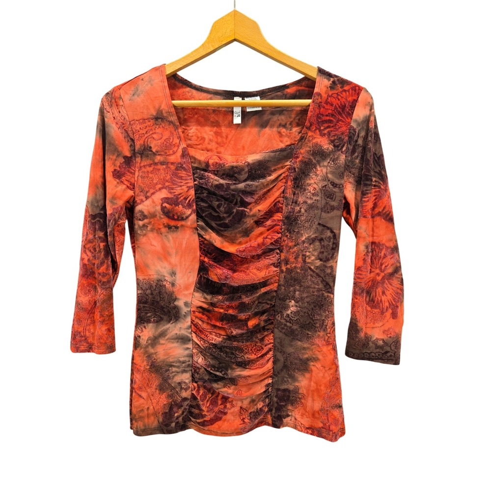Y2K Sami + Jo Velvet Orange Paisley Tie Dye Ruched Front Mesh Top 3/4 Sleeve S